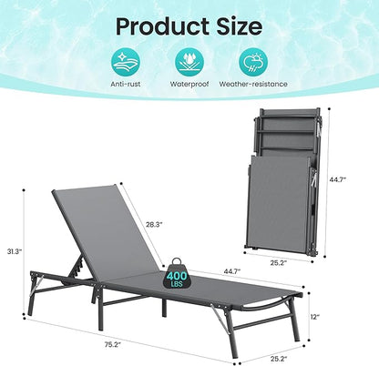 Amopatio Foldable Patio Lounge Chair, Portable Pool Chaise Lounges, Heavy Duty Iron Frame, Breathable Textilene,Weather Resistant, 5-Position Adjustable Backrest, 400 LBS Capacity,Gray