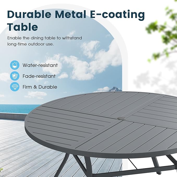 Patio Dining Table for 6, Round Metal Outdoor Table with Storage Shelf, 1.57" Umbrella Hole, 50" Outdoor Quartered Tabletop Dining Table for Backyard, Porch, Lawn, Dark Grey