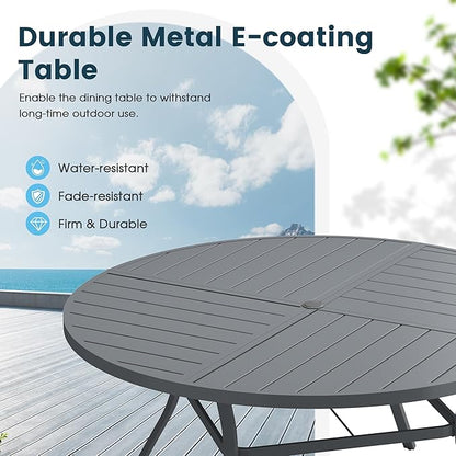 Patio Dining Table for 6, Round Metal Outdoor Table with Storage Shelf, 1.57" Umbrella Hole, 50" Outdoor Quartered Tabletop Dining Table for Backyard, Porch, Lawn, Dark Grey