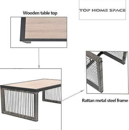 Rattan Patio Coffee Table Match Outdoor Furniture Modern Rectangle Metal Coffee Table for Livingroom, Garden, Backyard