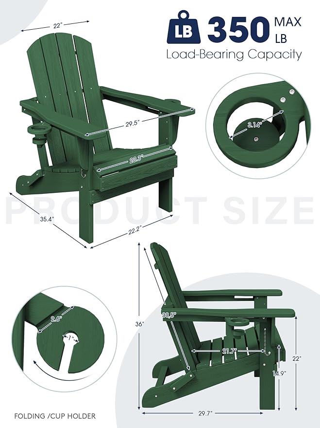 KINGYES Folding Adirondack Chair Set of 2, Dual Cup Holders & All-Weather HDPE, Wood-Like Patio Chair for Backyard - Photo 4