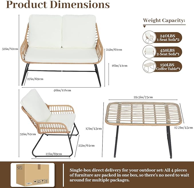 4-Piece Rattan Patio Set - All-Weather Outdoor Conversation Furniture Set Group with Tempered Glass Table & Quick-Dry - Photo 5