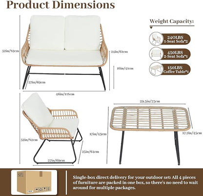 4-Piece Rattan Patio Set - All-Weather Outdoor Conversation Furniture Set Group with Tempered Glass Table & Quick-Dry Cushions for Graden, Porch, Balcony (Apartment Size, Handwoven Rattan)