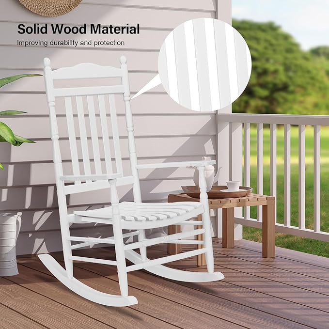 VINGLI Wooden Rocking Chair, Outdoor Chair with 450 lbs Support, Relaxing Rocker with Solid Wood High Back Seat Reclining Seat for Deck, Garden, Backyard, Porch, Indoor or Outdoor Use, White