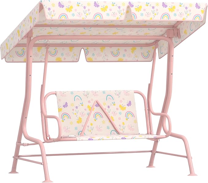 Qaba Kids Patio Swing, 2-Seater Outdoor Porch Swing Chair with Adjustable Canopy, Safety Belt - Photo 1