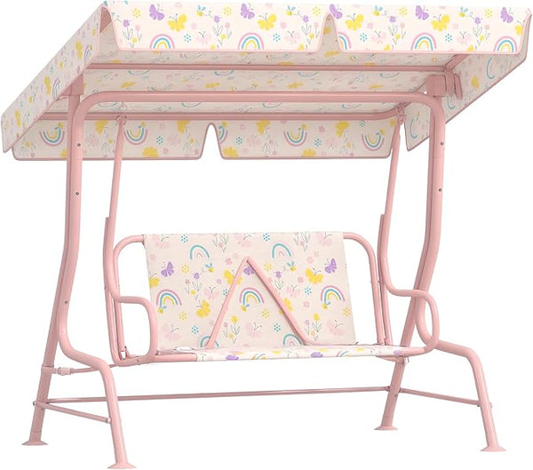 Qaba Kids Patio Swing, 2-Seater Outdoor Porch Swing Chair with Adjustable Canopy, Safety Belt - Photo 1