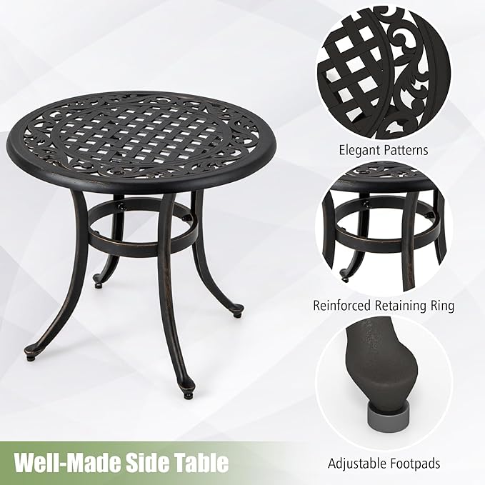 Tangkula 24 Inch Patio Side Table, Cast Aluminum End Table with Adjustable Footpads, Outdoor Small Coffee Table, Round Metal Patio Table for Poolside, Backyard, Balcony