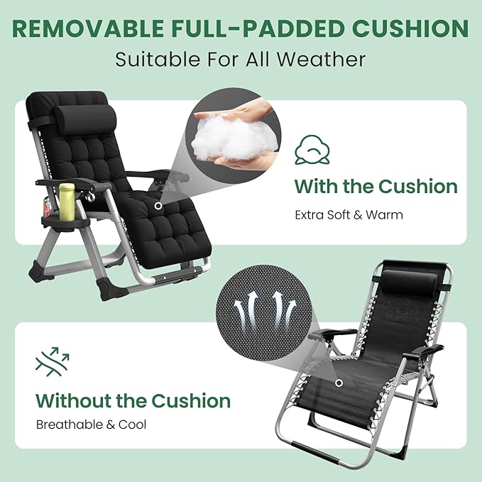 Oversized Zero Gravity Chair XL, 29In Padded Lounge Recliner Camping Chair with Removable Cushion, Adjustable Headrest - Photo 3