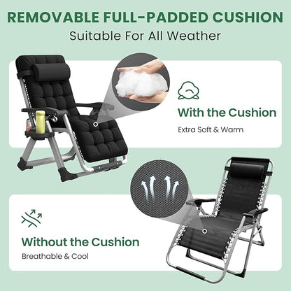 Oversized Zero Gravity Chair XL, 29In Padded Lounge Recliner Camping Chair with Removable Cushion, Adjustable Headrest, Storage Bag, Footrest, Cup Holder & Full Aluminum Lock, Supports 450 lbs, Black