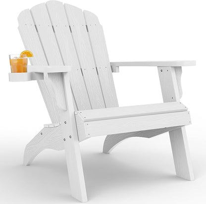 YEFU Oversized Adirondack Chair with Cup-Holder,Plastic Outdoor Fire Pit Chair, Weather Resistant, Poly Lumber Chair, Used in Patio, Lawn, Deck,Heavty Duty,Weight Capacity 450lbs-White