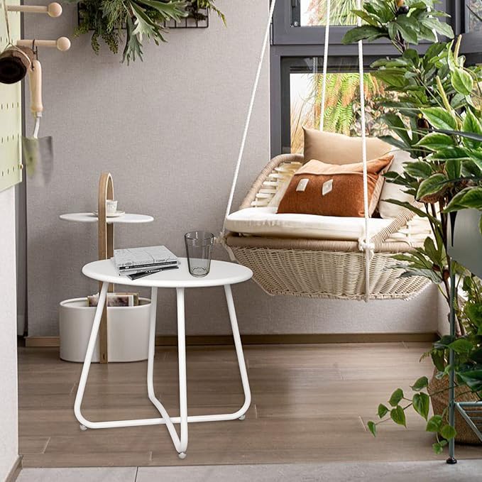 Babion White Round Patio Side Table, Small Accent End Table for Patio Yard Garden, Indoor & Outdoor - Photo 2