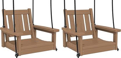 SERWALL HDPE Single Porch Swing Set of 2, Heavy Duty Single Person Swing Chair with 2 Polypropylene Hanging Ropes, Adirondack Hanging Chair for Outdoor Front Porch Patio Garden Yard, Brown