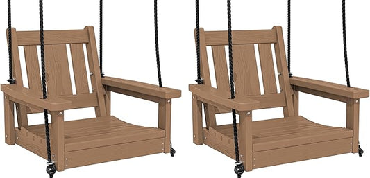 SERWALL HDPE Single Porch Swing Set of 2, Heavy Duty Single Person Swing Chair with 2 Polypropylene Hanging Ropes, Adirondack Hanging Chair for Outdoor Front Porch Patio Garden Yard, Brown