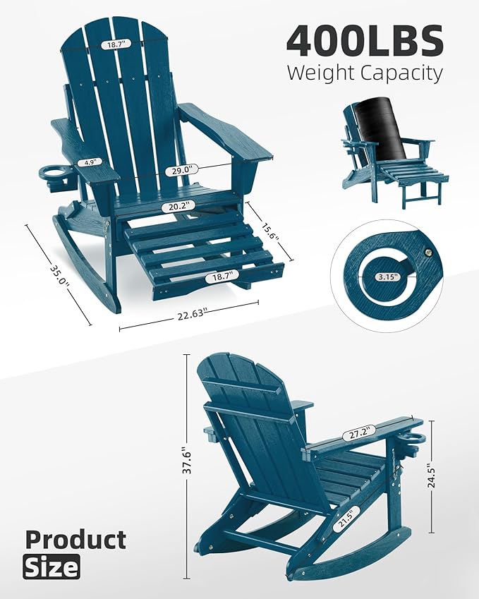 Folding Adirondack Rocking Chair Set of 4,4-in-1 Multifunctional Patio Chairs with Retractable Ottoman, Outdoor Chairs Wood Texture, Lawn Chair for Porch, Backyard, Pool(Navy Blue)