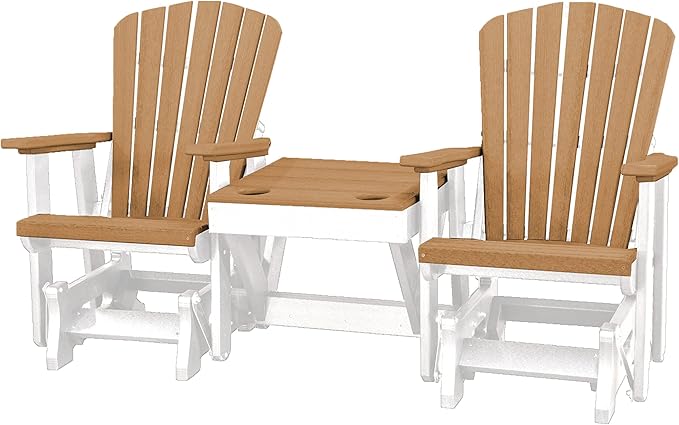 DutchCrafters Slat Fan Back Double Poly Adirondack Glider Outdoor Patio Chairs with Center Table (White & Cedar)