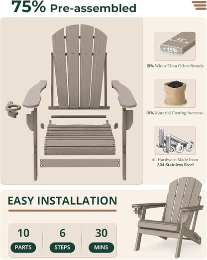 BRIOPAWS Folding-Adirondack-Chairs Set of 4 | HDPE | Wood Grain | Fire Pit Chair | Cup Holder | Weather Resistance | for Outdoor Backyard Deck Patio