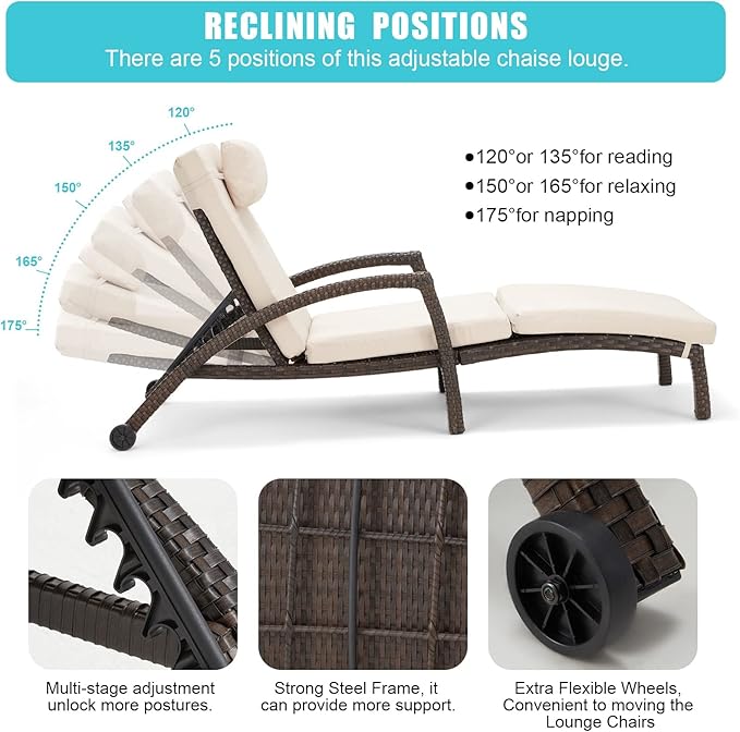 HOMREST Chaise Lounge Chairs Set of 6, PE Rattan Wicker Lounge Chair with Arm and Wheels for Poolside,Khaki