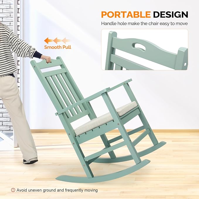 VINGLI Outdoor Rocking Chair, Heavy Duty 450 lbs Poplar Wooden Rocking Chair with High Backrest Design, Come with a Cushion, All-Weather Lounge Rocker Support for Garden, Deck (Mine Green, 2 PCS)