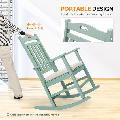 VINGLI Outdoor Rocking Chair, Heavy Duty 450 lbs Poplar Wooden Rocking Chair with High Backrest Design, Come with a Cushion, All-Weather Lounge Rocker Support for Garden, Deck (Mine Green, 1 PC)