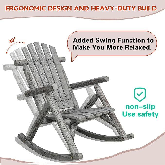 Wooden Rocking Chair Outdoor, Ergonomic High Back Patio Rocking Chairs, Porch Rocker for Backyard/Lawn/Patio/Garden/Balcony/FirePit/Indoor (Light Gray)