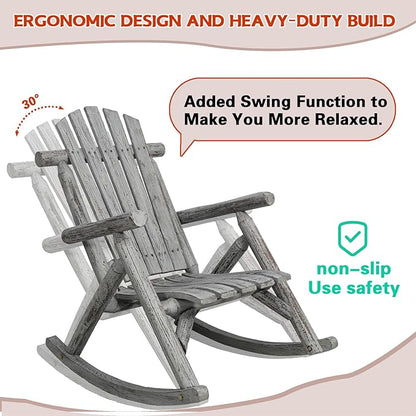 Wooden Rocking Chair Outdoor, Ergonomic High Back Patio Rocking Chairs, Porch Rocker for Backyard/Lawn/Patio/Garden/Balcony/FirePit/Indoor (Light Gray)