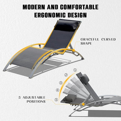 Domi Pool Lounge Chairs Set of 2, Adjustable Aluminum Outdoor Chaise Lounge Chairs, All Weather for Deck Lawn Poolside Backyard -Dark Grey Textilene
