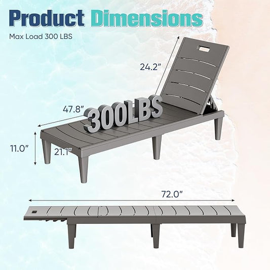 Devoko Outdoor Chaise Lounge Chair Set of 2 with 5-Position Adjustable Back, Waterproof & Lightweight PP Lounge Chairs for Outside Pool Patio (Light Brown)