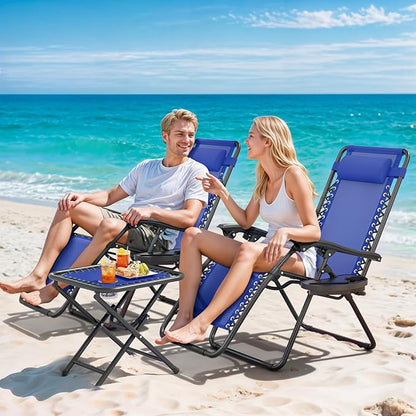 Magshion Folding Zero Gravity Chairs Set of 2, Outdoor Reclining Camping Chairs, Patio Lounge Recliners with Side Table & Cup Holder Tray, Blue