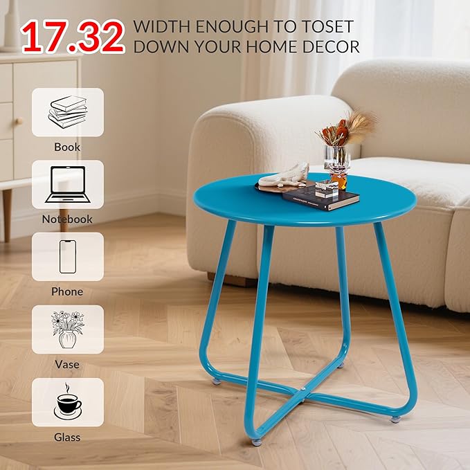 Elevon Weather Resistant Outdoor 17.5” Round End Accent Table for Bistro Balcony, Sky Blue