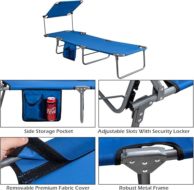 Giantex Tanning Chair, Patio Chaise Lounge Chair with 5 Adjustable Position, Shade Canopy, Storage Pocket, Camping Cot, Outdoor Sunbathing Recliner for Poolside, Lawn Folding Beach Chairs(1, Navy)