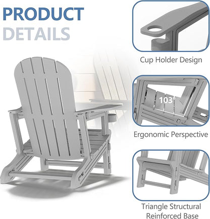 Shintenchi Adirondack Chair Set of 2,HDPE Adirondack Chairs with Umbrella Hole Connecting Tray & 2 Curved Ottoman,Plastic Outdoor Chairs with Cup Holders for Garden Backyard Pool,Light Gray