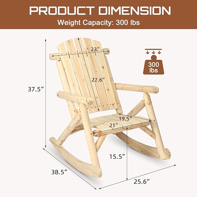 HOMEDIARY Wooden Adirondack Rocking Chair, Patio Log Rocker Outdoor Lounge Chair w/Slatted Wooden Design, High Fanned Back & Classic Rustic Style for Garden Patio Backyard Porch (Set of 2, Natural)