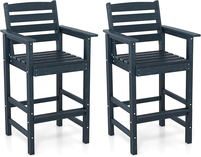 Giantex 29” Bar Stools Set of 2, HDPE Barstools w/Back, Armrests & Footrests, Max Load 330Lbs, Counter Height Bar Stools, Adirondack Chair for Patio Balcony Outdoor Bistro Set, Navy
