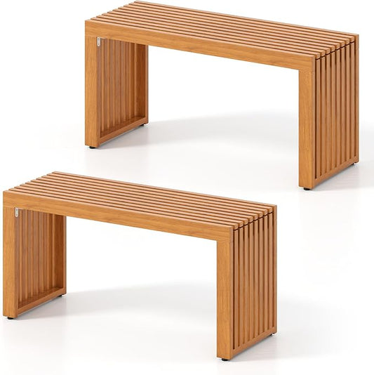 RELAX4LIFE 2-Person Wooden Outdoor Bench - 36’’ Acacia Wood Backless Patio Garden Bench w/Slatted Seat, Indoor Outside Dining Loveseat Furniture for Entryway Park Porch, 800LBS Weight Capacity (2)