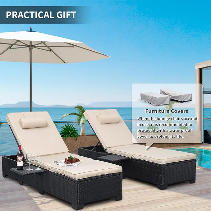 WAROOM Outdoor Chaise Lounge Chairs for Outside Patio Furniture Set of 2 Wicker Recliner Black Rattan Sunbathing - Photo 7