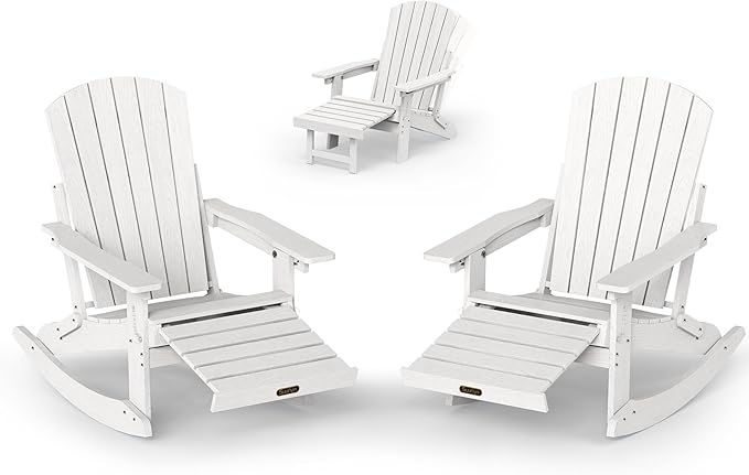 Adirondack Rocking Chair with Retractable Ottoman Set of 2, 4-in-1 Foldable Reclining Patio Chair, HDPE Wood-Look Outdoor Rocker for Porch, Garden & Poolside, White
