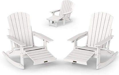 Adirondack Rocking Chair with Retractable Ottoman Set of 2, 4-in-1 Foldable Reclining Patio Chair, HDPE Wood-Look Outdoor Rocker for Porch, Garden & Poolside, White