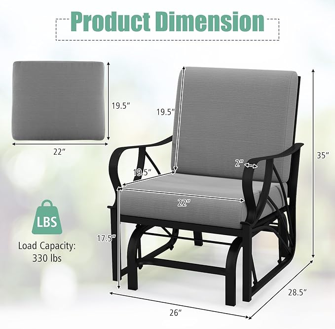 Giantex 2-Pack Outdoor Glider, Patio Rocking Chair with Thick Cushion, Sturdy Metal Frame, Curved Armrest, Ergonomic Design, Single-Person Glider Chair for Garden, Yard, Porch Rocker, Grey