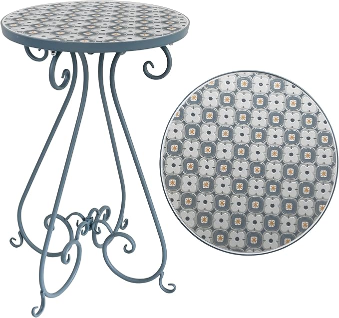 Outdoor Side Table & Mosaic Plant Stand, 14" Ceramic Tile Top Round End Table Accent Table, Indoor Outdoor Coffee Tea Table for Yard Porch Garden Patio