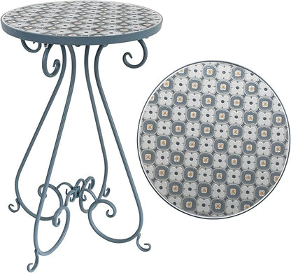 Outdoor Side Table & Mosaic Plant Stand, 14" Ceramic Tile Top Round End Table Accent Table, Indoor Outdoor Coffee Tea Table for Yard Porch Garden Patio