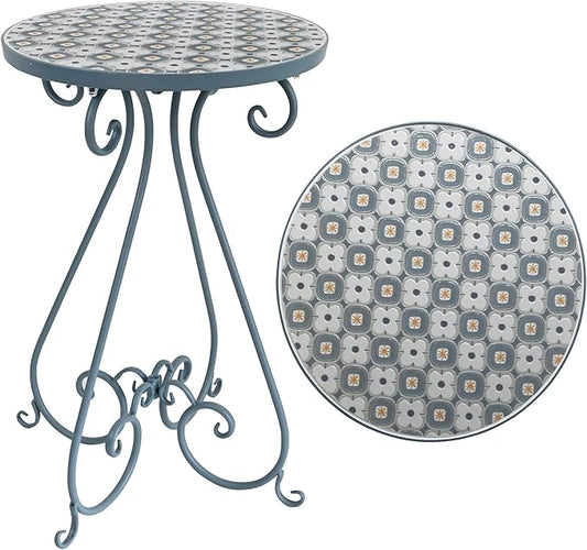 Outdoor Side Table & Mosaic Plant Stand, 14" Ceramic Tile Top Round End Table Accent Table, Indoor Outdoor Coffee Tea Table for Yard Porch Garden Patio