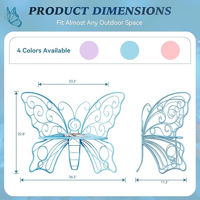 36 Inch Outdoor Bench, Cute Garden Bench with Metal Frame, Weatherproof Butterfly Front Porch Benches for Lawn, Garden, Yard, Balcony, Blue