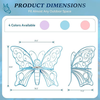 36 Inch Outdoor Bench, Cute Garden Bench with Metal Frame, Weatherproof Butterfly Front Porch Benches for Lawn, Garden, Yard, Balcony, Blue