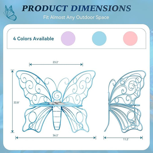36 Inch Outdoor Bench, Cute Garden Bench with Metal Frame, Weatherproof Butterfly Front Porch Benches for Lawn, Garden, Yard, Balcony, Blue