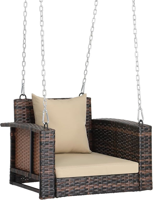 2 FT Wicker Porch Swing, Square Single Person Outdoor Hanging Swing Bench. Handwoven with Weatherproof PE Rattan - Photo 1
