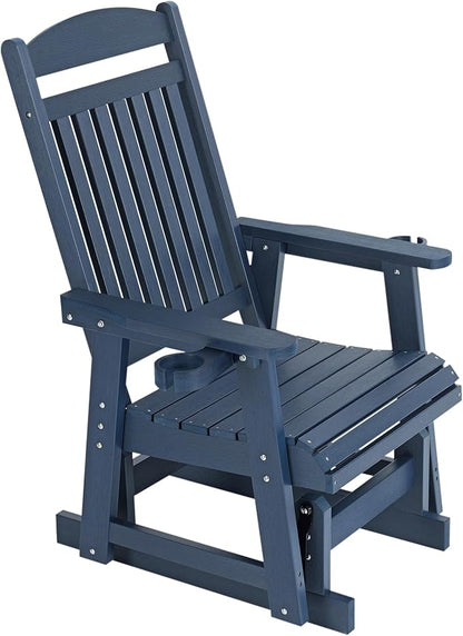Poly Lumber Patio Glider for One Person, with Cup Holders, High Backrest and Deep Contoured Seat, HIPS Material, All-Weather Resistant, Heavy Duty 700 LBS (Navy Blue)