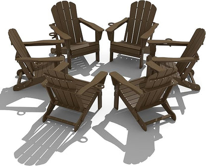 Domi Folding Adirondack Chair Set of 6, HDPE All-Weather Adirondack Chairs with Cup Holder, Outdoor Plastic Fire Pit Chairs Wood Texture for Poolside, Patio, Backyard, Deck (Khaki)