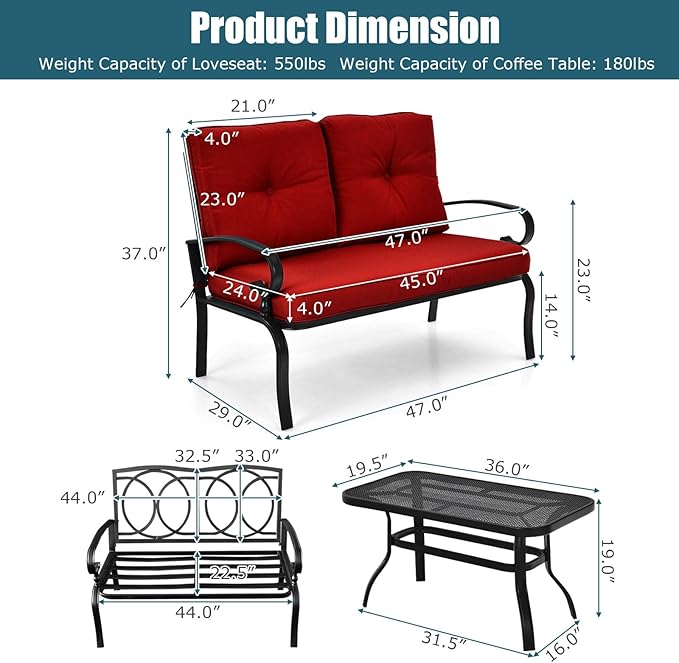 RELAX4LIFE Patio Loveseat with Coffee Table - 2-Piece Patio Conversation Sofa Set w/Backrest & Cushions, Modern Outdoor Glider Bench for Garden, Backyard, Poolside, Metal Porch Furniture (Red)