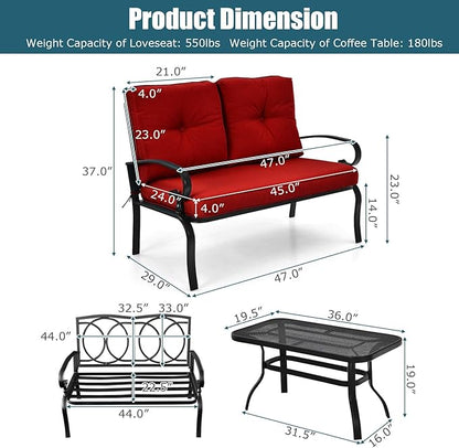 RELAX4LIFE Patio Loveseat with Coffee Table - 2-Piece Patio Conversation Sofa Set w/Backrest & Cushions, Modern Outdoor Glider Bench for Garden, Backyard, Poolside, Metal Porch Furniture (Red)