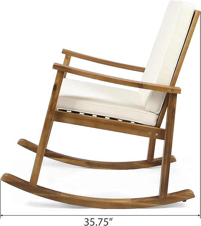 Outdoor Rocking Chair with Armrests and Cushions, Acacia Wood Structure, for Garden, Patio or Balcony, Teak - Photo 5